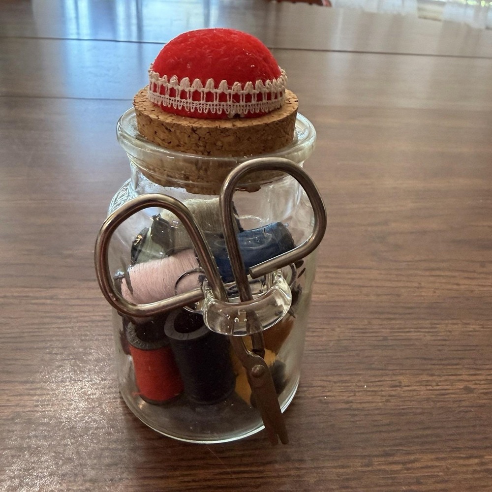 Vintage Sewing Kit Glass Jar With Cork & Pin Cushion, Scissors, Thread, Needles